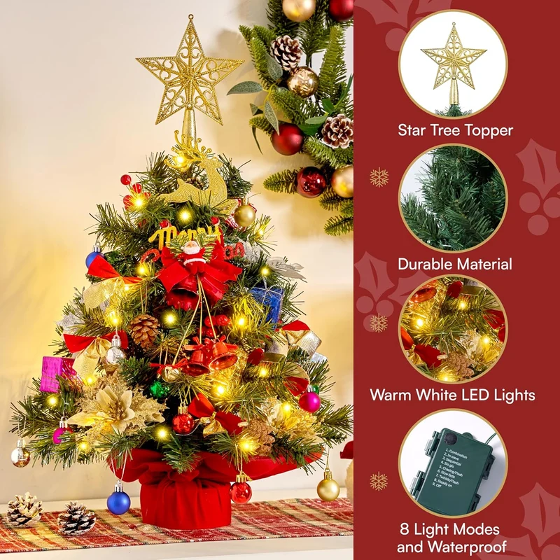 24"/2FT Pre-lit Tree w/ Decoration Kit Artificial w/ 70 30 LED Lights, Includes Star Topper Ornaments - Battery Operated