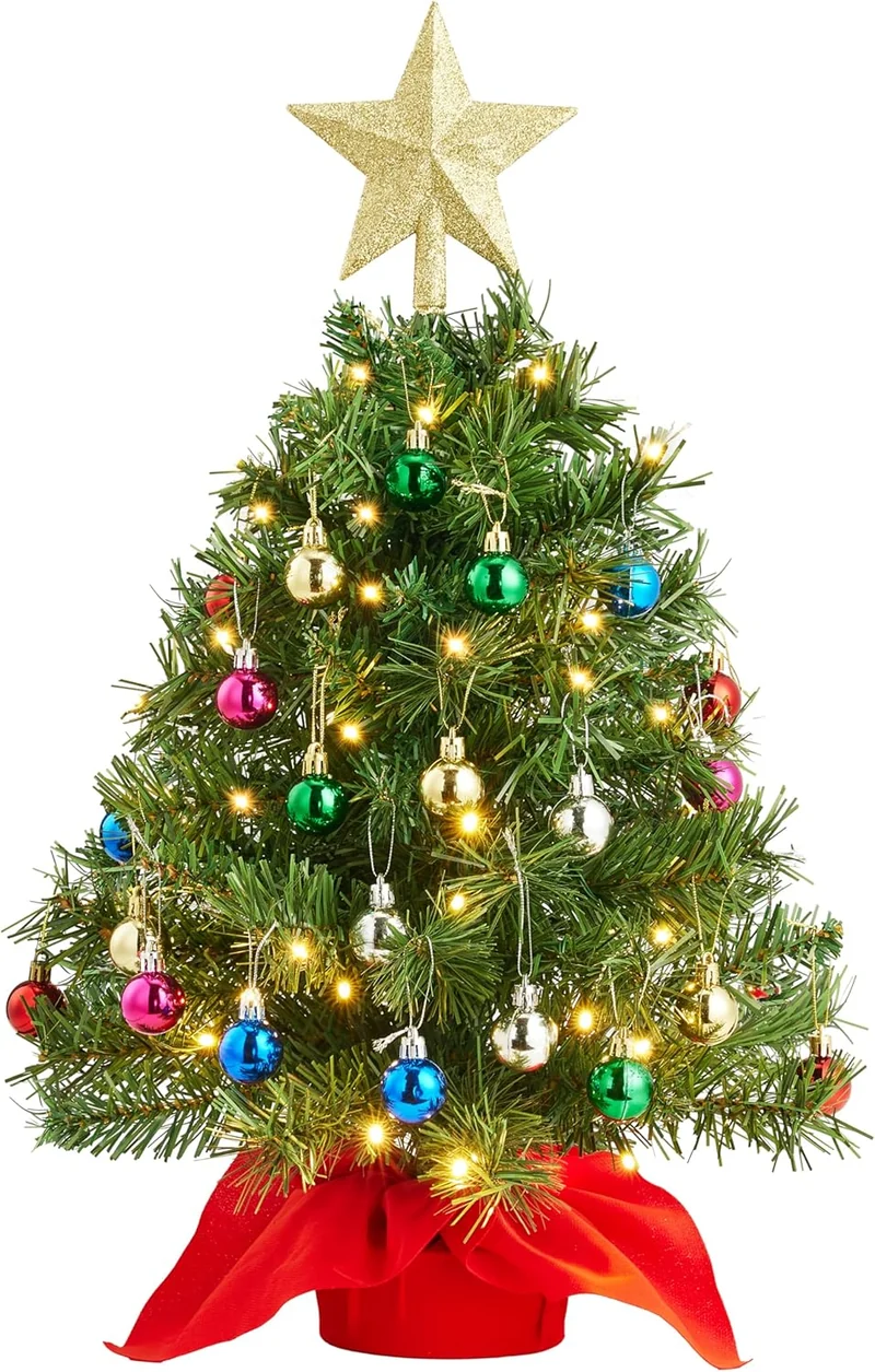 24"/2FT Mini Christmas Tree Set w/ Clear LED Lights with Star Treetop and Hanging Ornaments