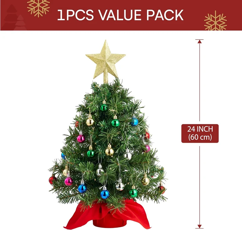 24"/2FT Mini Christmas Tree Set w/ Clear LED Lights with Star Treetop and Hanging Ornaments