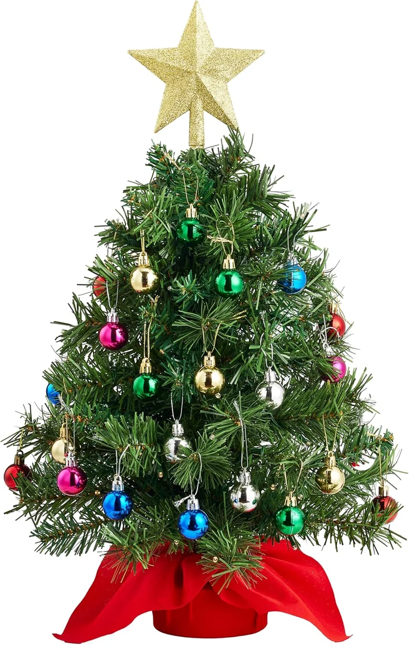 24"/2FT Mini Christmas Tree Set w/ Clear LED Lights with Star Treetop and Hanging Ornaments