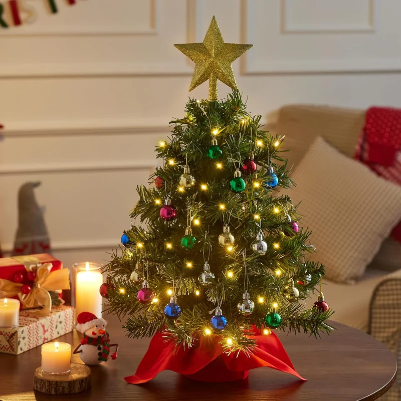 24"/2FT Mini Christmas Tree Set w/ Clear LED Lights with Star Treetop and Hanging Ornaments