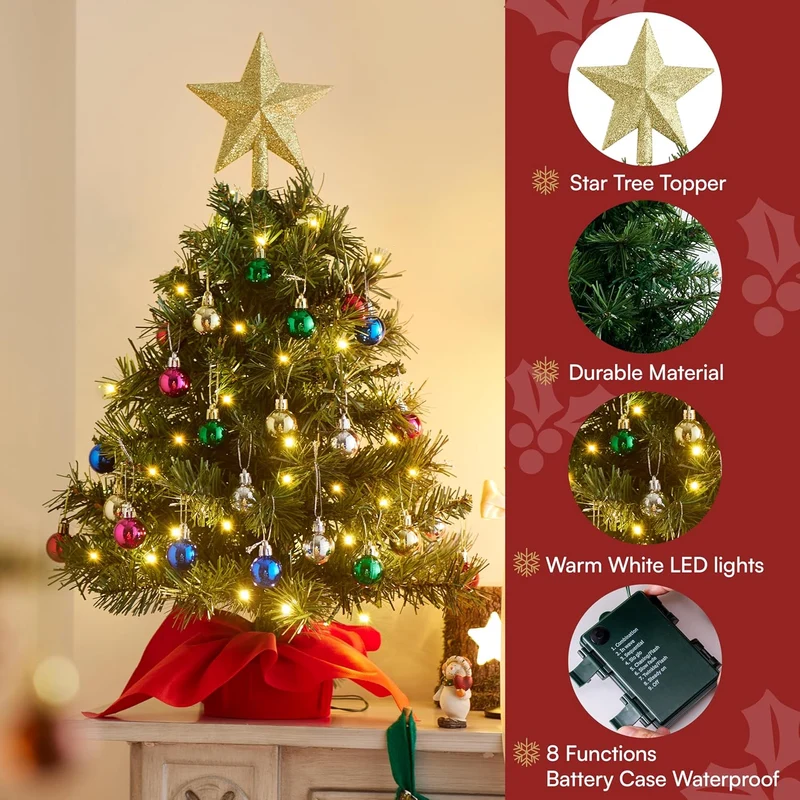 24"/2FT Mini Christmas Tree Set w/ Clear LED Lights with Star Treetop and Hanging Ornaments