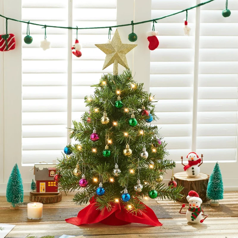 24"/2FT Mini Christmas Tree Set w/ Clear LED Lights with Star Treetop and Hanging Ornaments