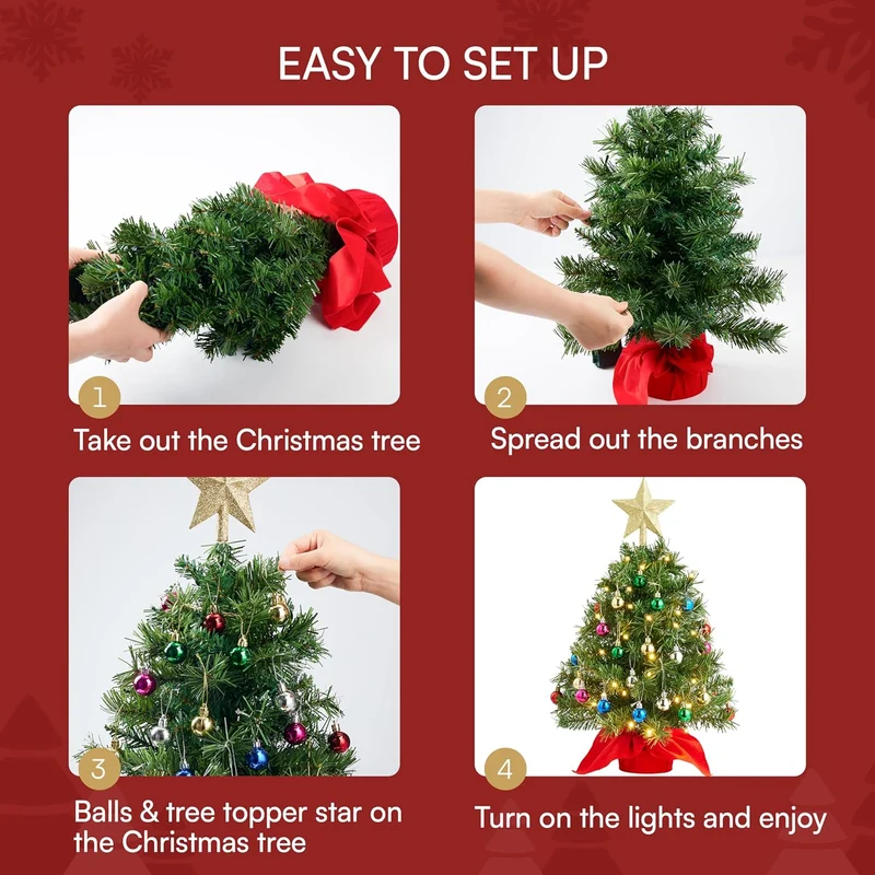 24"/2FT Mini Christmas Tree Set w/ Clear LED Lights with Star Treetop and Hanging Ornaments
