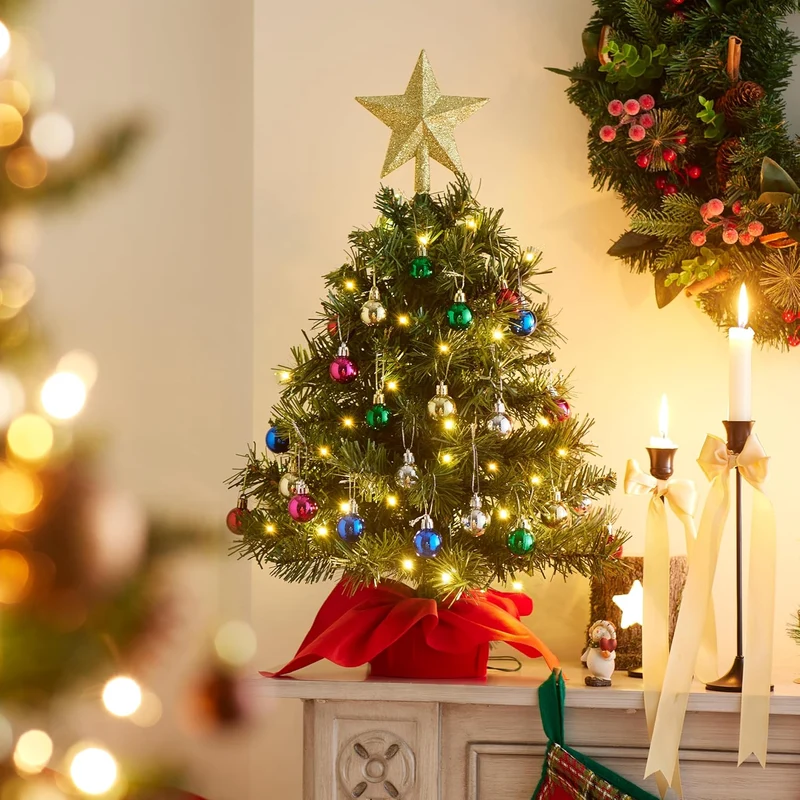 24"/2FT Mini Christmas Tree Set w/ Clear LED Lights with Star Treetop and Hanging Ornaments