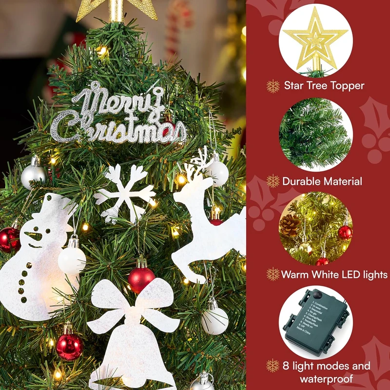 24"/2FT Small Christmas Tree w/ Lights Star Tree Top and Ornaments - Battery Operated Pre-lit