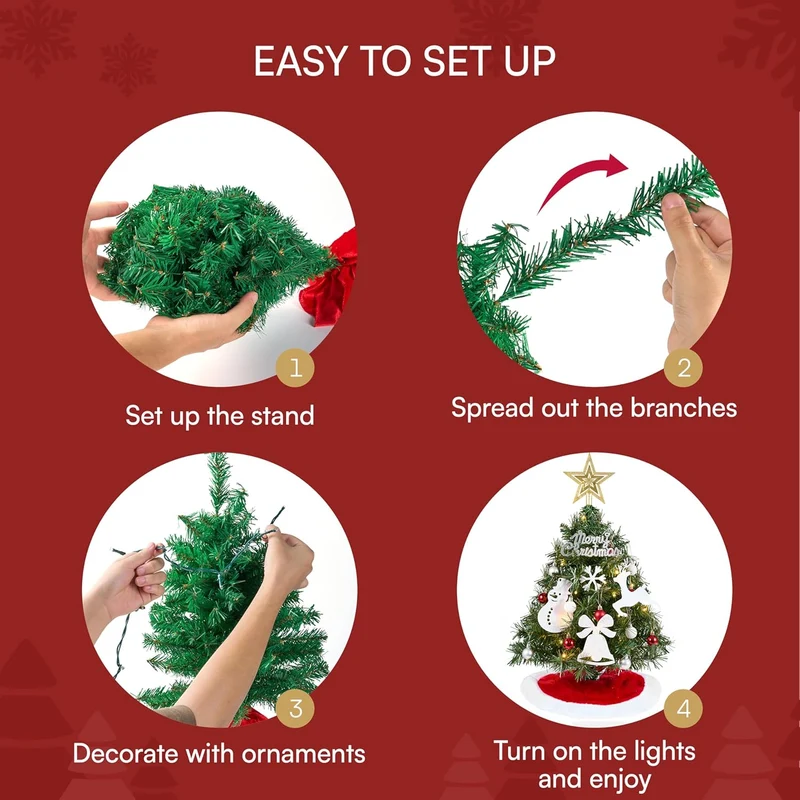 24"/2FT Small Christmas Tree w/ Lights Star Tree Top and Ornaments - Battery Operated Pre-lit