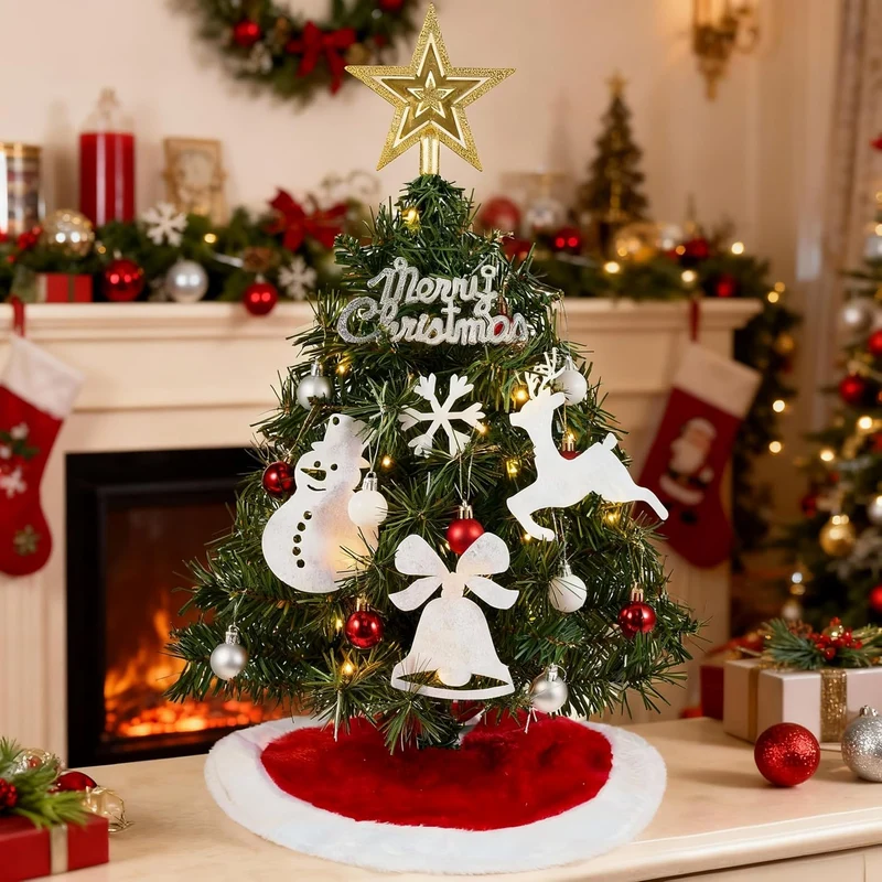 24"/2FT Small Christmas Tree w/ Lights Star Tree Top and Ornaments - Battery Operated Pre-lit