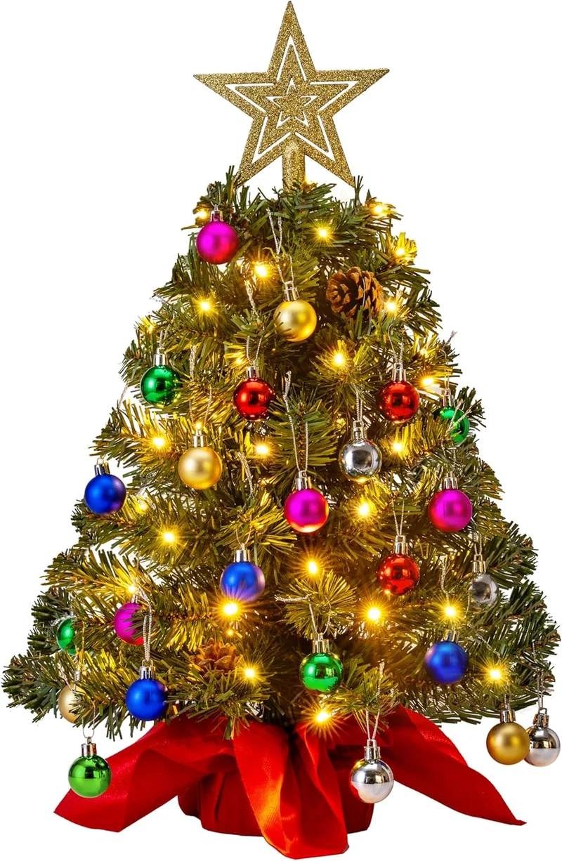 24"/2FT Pre Lit Christmas Tree with Warm Lights, Holly Berries, Pine Cones Decoration