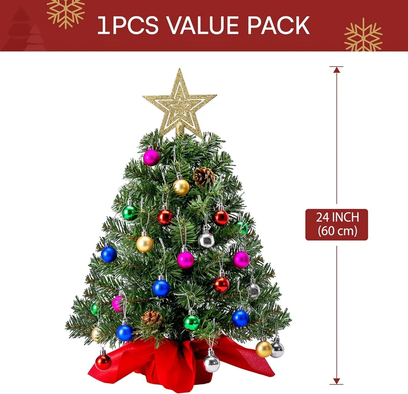 24"/2FT Pre Lit Christmas Tree with Warm Lights, Holly Berries, Pine Cones Decoration
