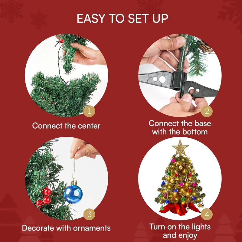24"/2FT Pre Lit Christmas Tree with Warm Lights, Holly Berries, Pine Cones Decoration