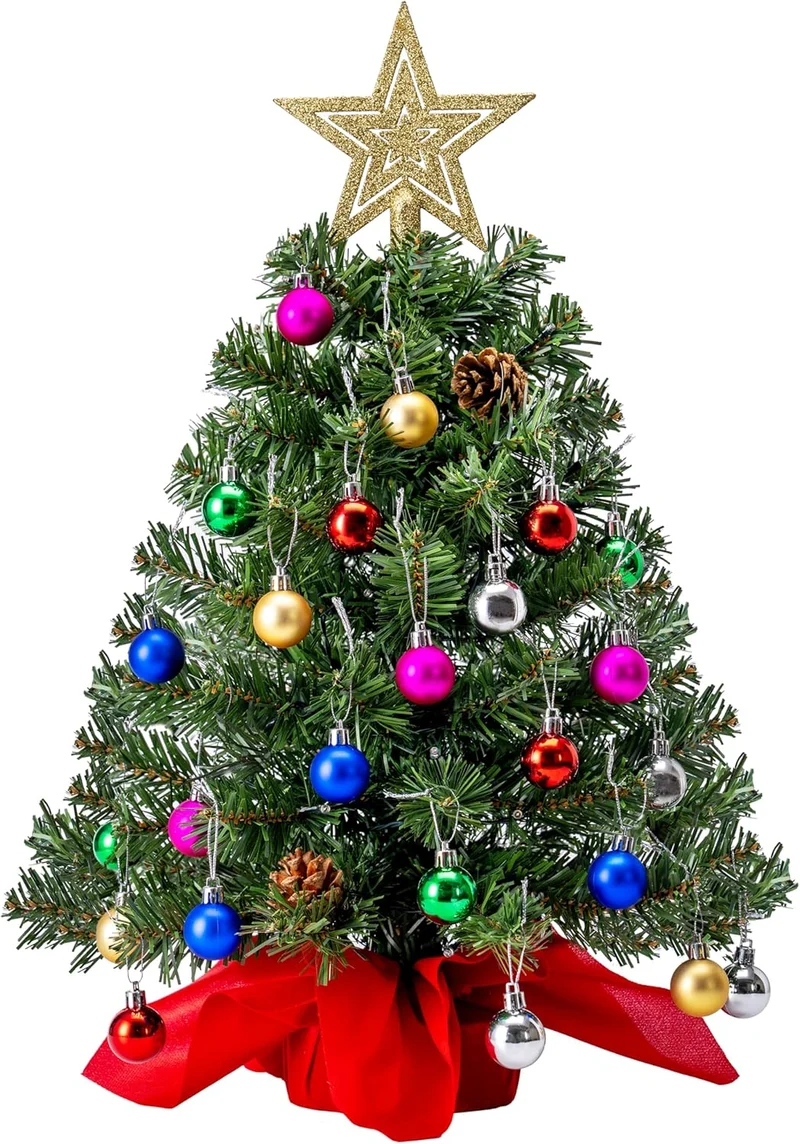 24"/2FT Pre Lit Christmas Tree with Warm Lights, Holly Berries, Pine Cones Decoration
