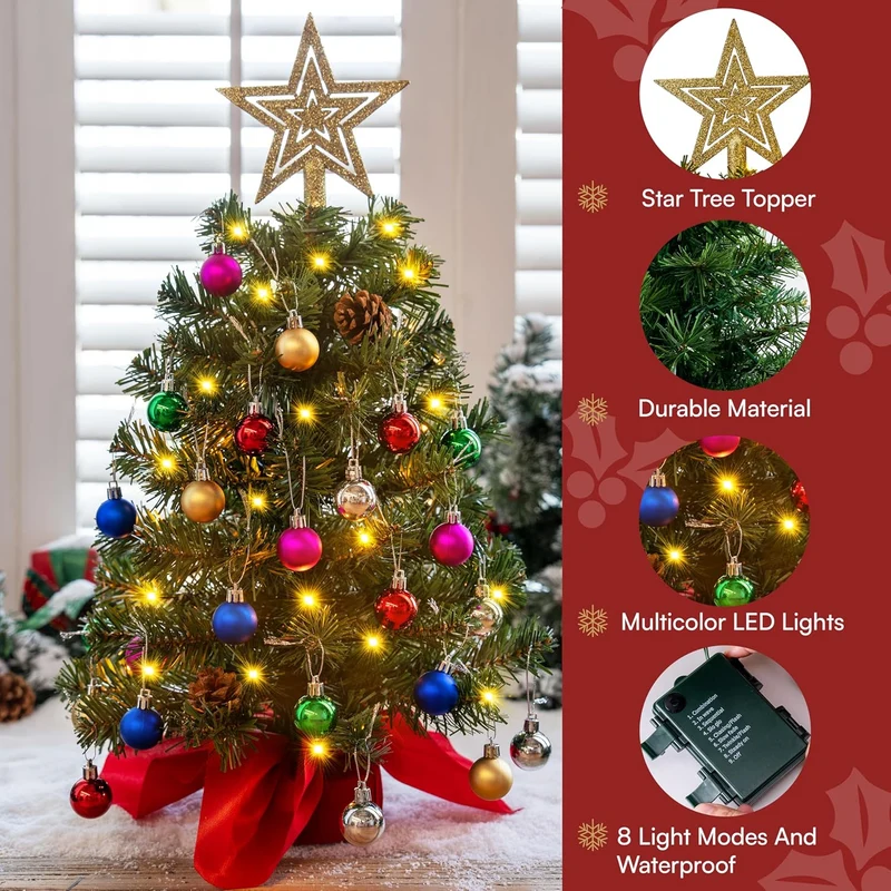 24"/2FT Pre Lit Christmas Tree with Warm Lights, Holly Berries, Pine Cones Decoration