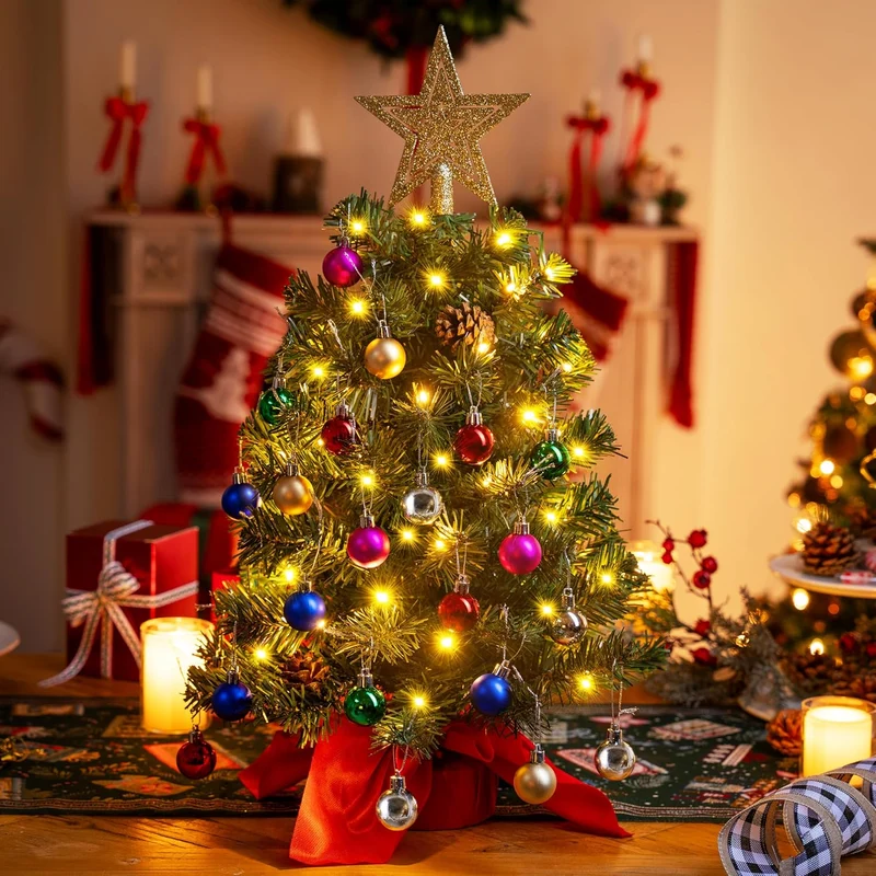 24"/2FT Pre Lit Christmas Tree with Warm Lights, Holly Berries, Pine Cones Decoration