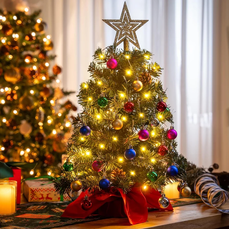 24"/2FT Pre Lit Christmas Tree with Warm Lights, Holly Berries, Pine Cones Decoration