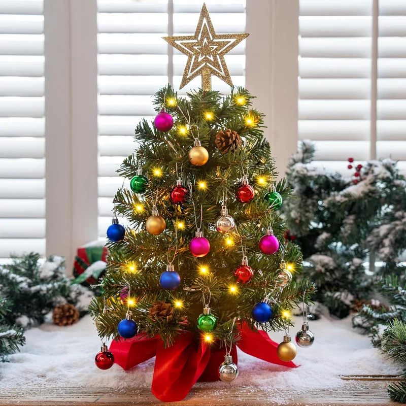 24"/2FT Pre Lit Christmas Tree with Warm Lights, Holly Berries, Pine Cones Decoration