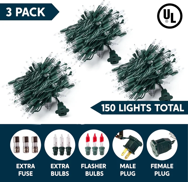 Clear Christmas String Lights 450CT (3x150) Mini Warm White Fairy Light,93.6FT Lighting Decor - Green Wire