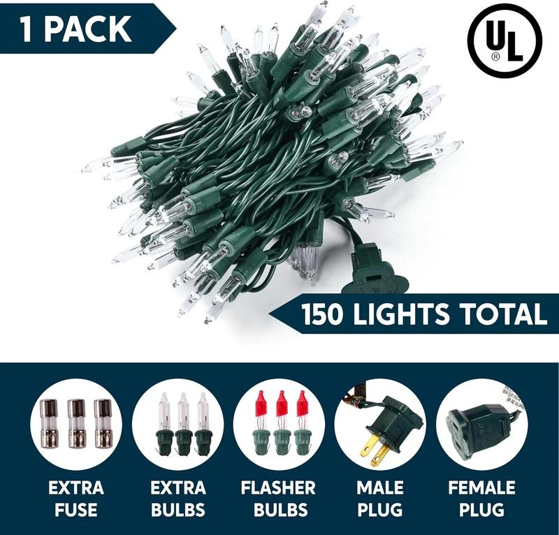 Clear Christmas String Lights 150CT Mini Warm White Fairy Light,31.2FT Lighting Decor - Green Wire
