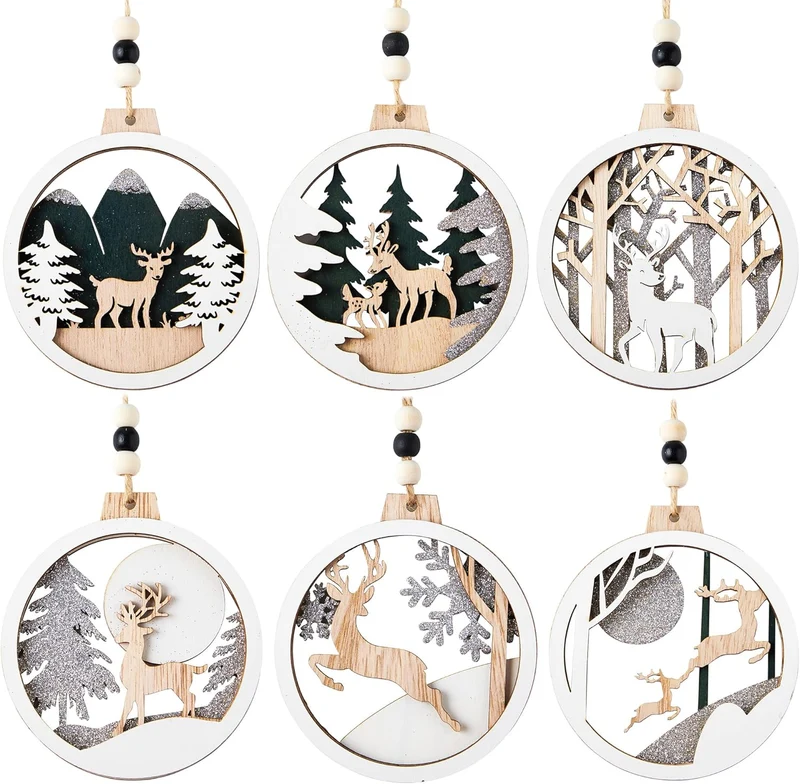 (6PCS) Christmas Wooden Ornaments Farmhouse Rustic Reindeer, Hanging Wood Ornaments - Rustic