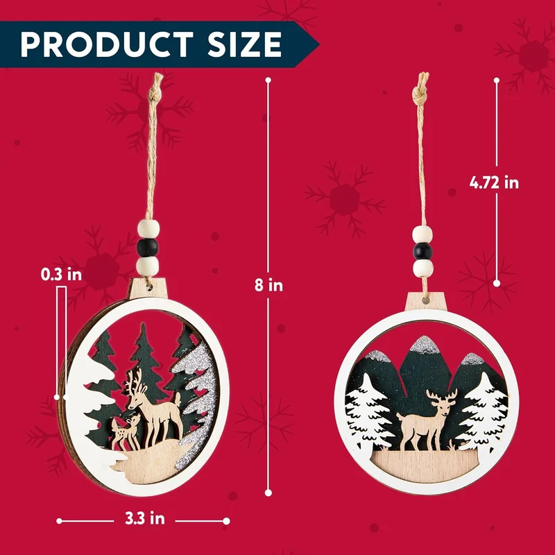 (6PCS) Christmas Wooden Ornaments Farmhouse Rustic Reindeer, Hanging Wood Ornaments - Rustic