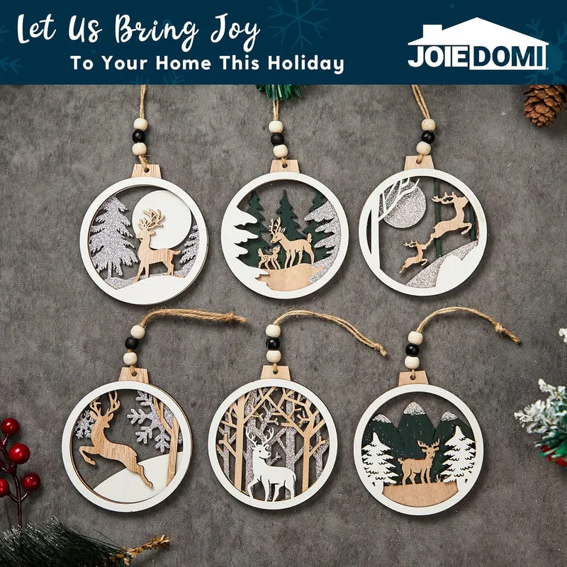 (6PCS) Christmas Wooden Ornaments Farmhouse Rustic Reindeer, Hanging Wood Ornaments - Rustic
