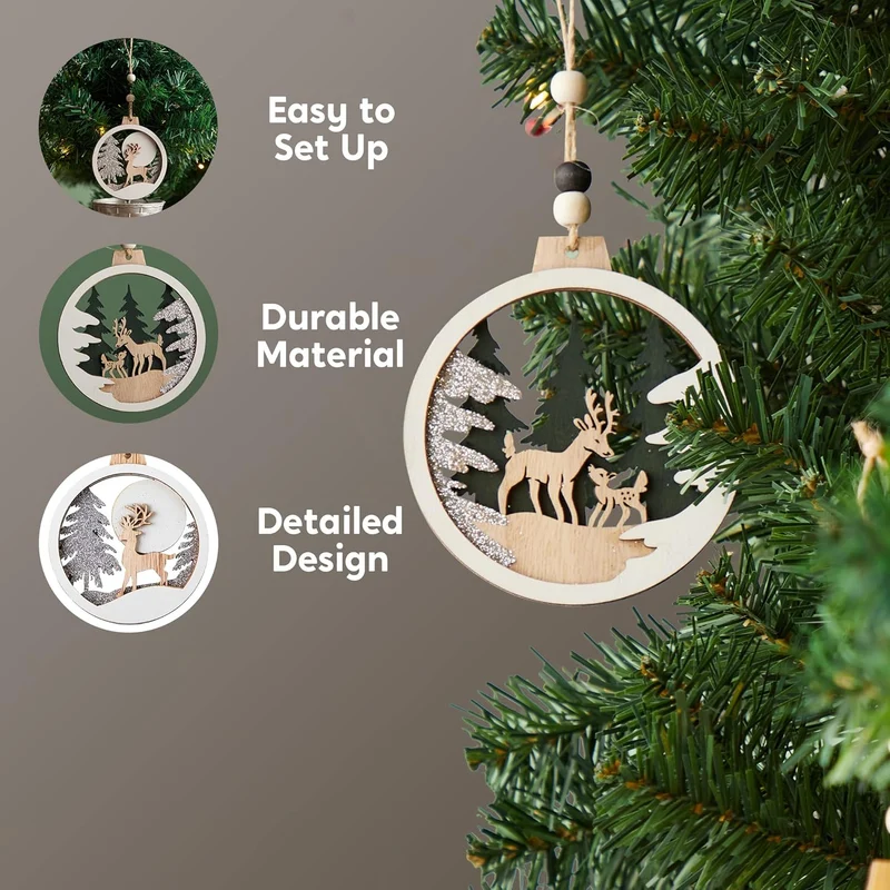 (6PCS) Christmas Wooden Ornaments Farmhouse Rustic Reindeer, Hanging Wood Ornaments - Rustic