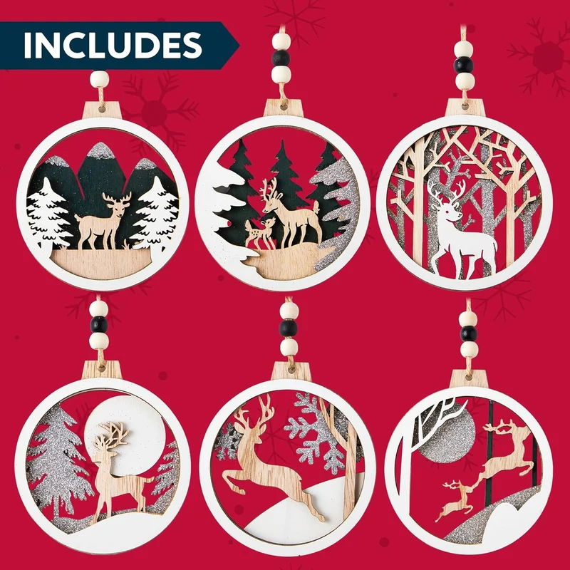 (6PCS) Christmas Wooden Ornaments Farmhouse Rustic Reindeer, Hanging Wood Ornaments - Rustic