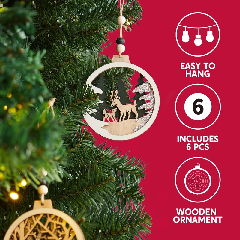 (6PCS) Christmas Wooden Ornaments Farmhouse Rustic Reindeer, Hanging Wood Ornaments - Rustic