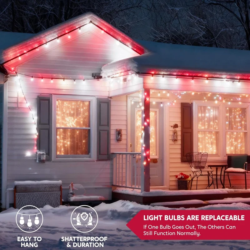 Red & White Christmas Lights, 100 LED Steady On Strawberry Lights, 33.66 FT Connectable String Lights- Green Wire