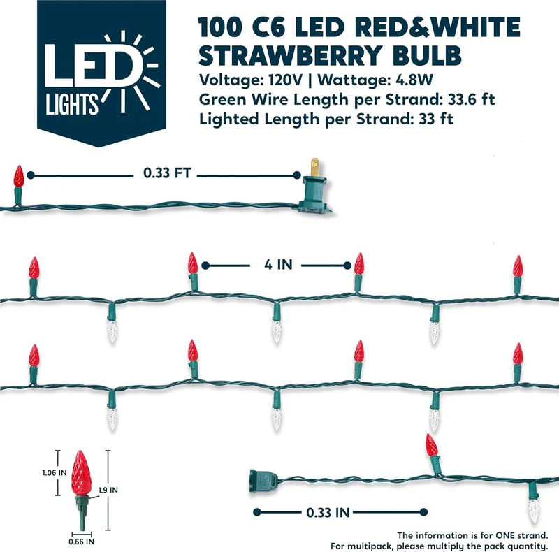 Red & White Christmas Lights, 100 LED Steady On Strawberry Lights, 33.66 FT Connectable String Lights- Green Wire