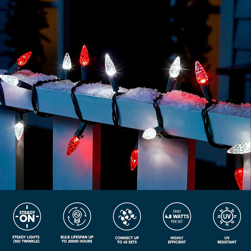 Red & White Christmas Lights, 100 LED Steady On Strawberry Lights, 33.66 FT Connectable String Lights- Green Wire