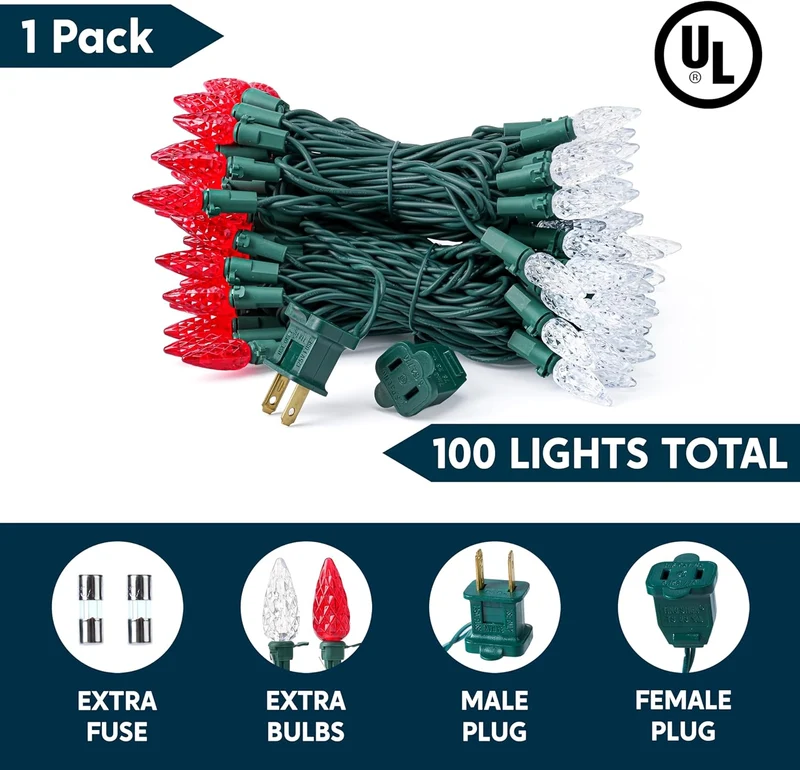 Red & White Christmas Lights, 100 LED Steady On Strawberry Lights, 33.66 FT Connectable String Lights- Green Wire