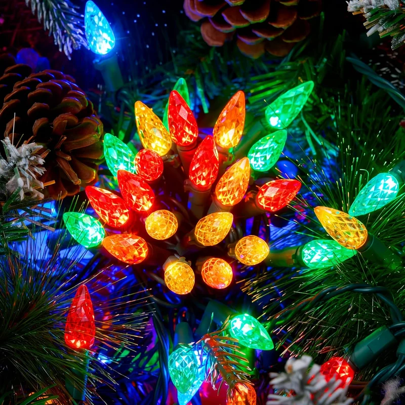 Multicolor Christmas Lights 100 LED Steady On Strawberry Lights, 33.66 FT Connectable String Lights - Green Wire