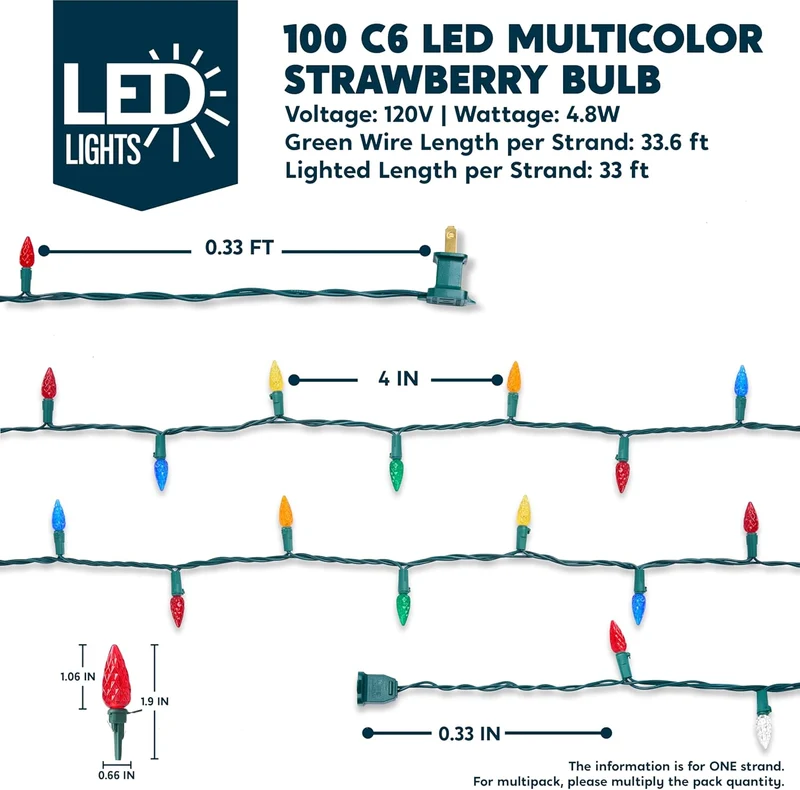 Multicolor Christmas Lights 100 LED Steady On Strawberry Lights, 33.66 FT Connectable String Lights - Green Wire
