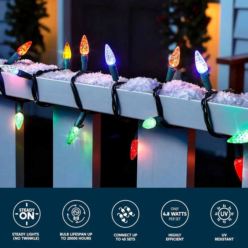 Multicolor Christmas Lights 100 LED Steady On Strawberry Lights, 33.66 FT Connectable String Lights - Green Wire
