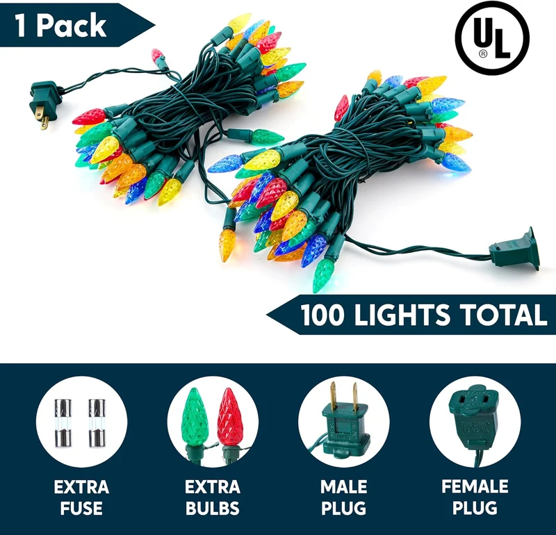 Multicolor Christmas Lights 100 LED Steady On Strawberry Lights, 33.66 FT Connectable String Lights - Green Wire