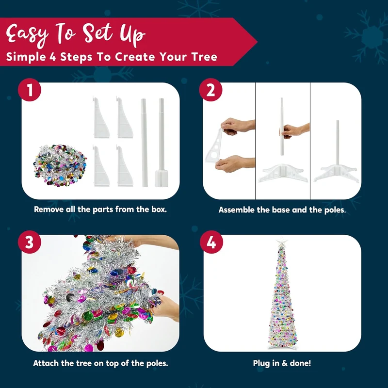 5 Ft Pop up Christmas Tree Tinsel w/ Lights and Star, Pencil Tree Decor, Collapsible w/ Timer
