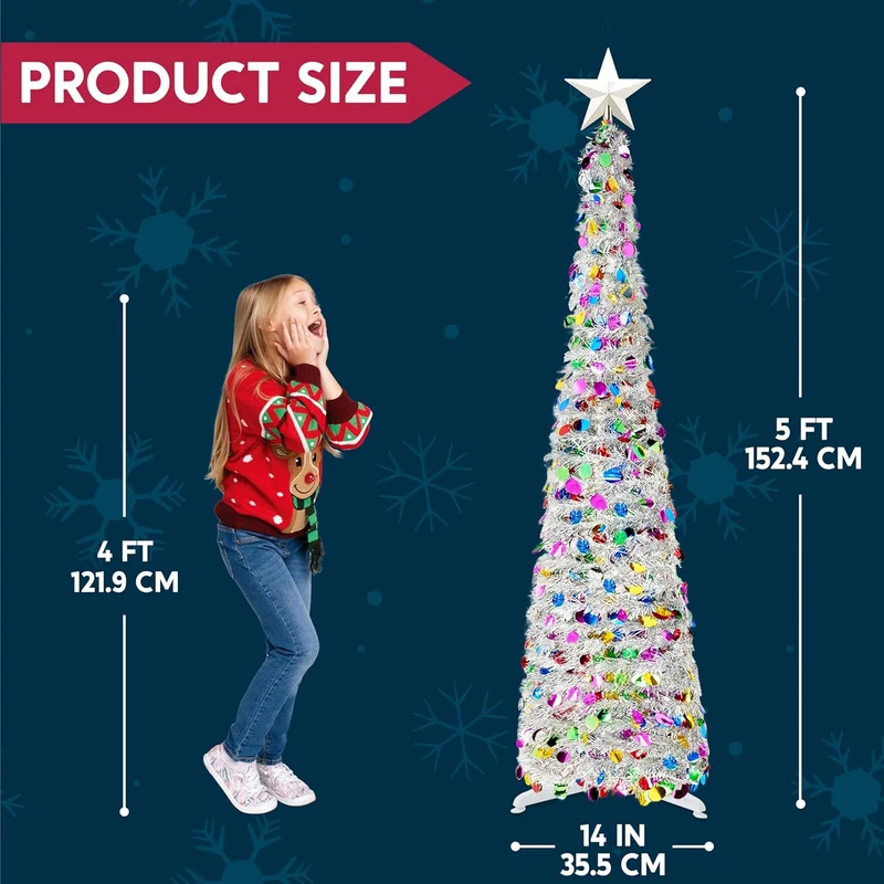 5 Ft Pop up Christmas Tree Tinsel w/ Lights and Star, Pencil Tree Decor, Collapsible w/ Timer