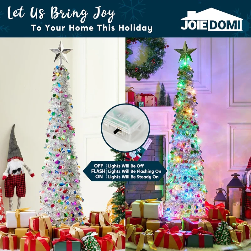 5 Ft Pop up Christmas Tree Tinsel w/ Lights and Star, Pencil Tree Decor, Collapsible w/ Timer
