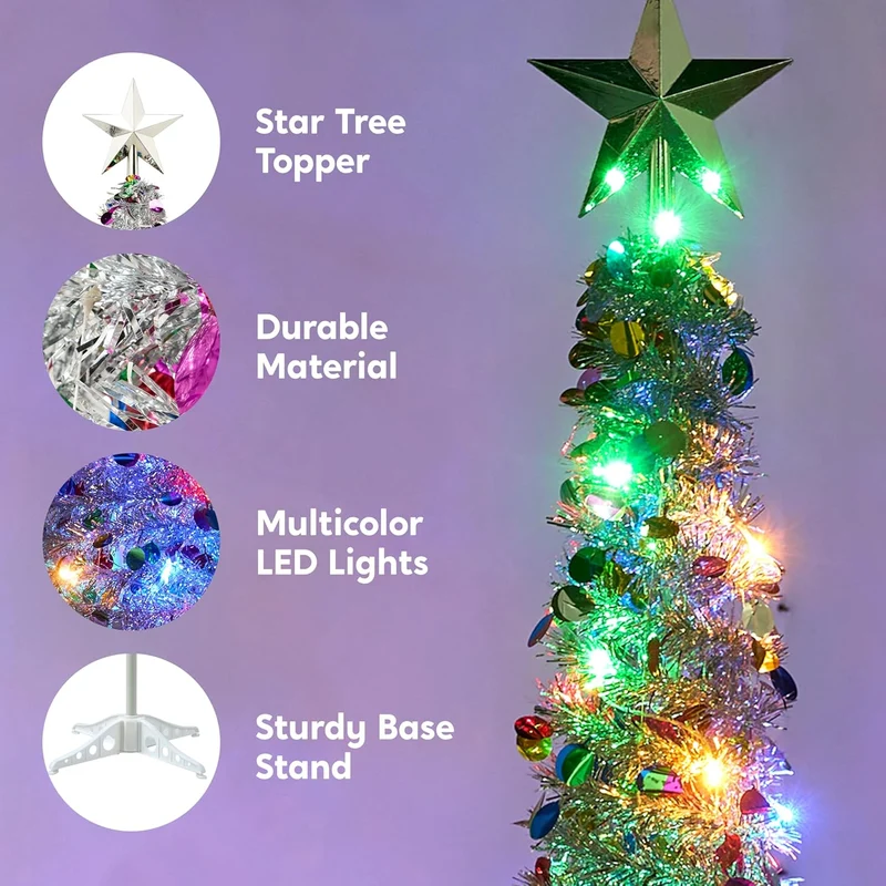 5 Ft Pop up Christmas Tree Tinsel w/ Lights and Star, Pencil Tree Decor, Collapsible w/ Timer
