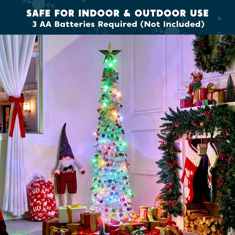 5 Ft Pop up Christmas Tree Tinsel w/ Lights and Star, Pencil Tree Decor, Collapsible w/ Timer