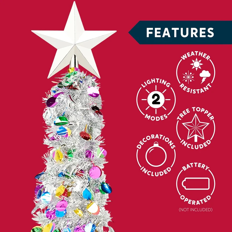 5 Ft Pop up Christmas Tree Tinsel w/ Lights and Star, Pencil Tree Decor, Collapsible w/ Timer