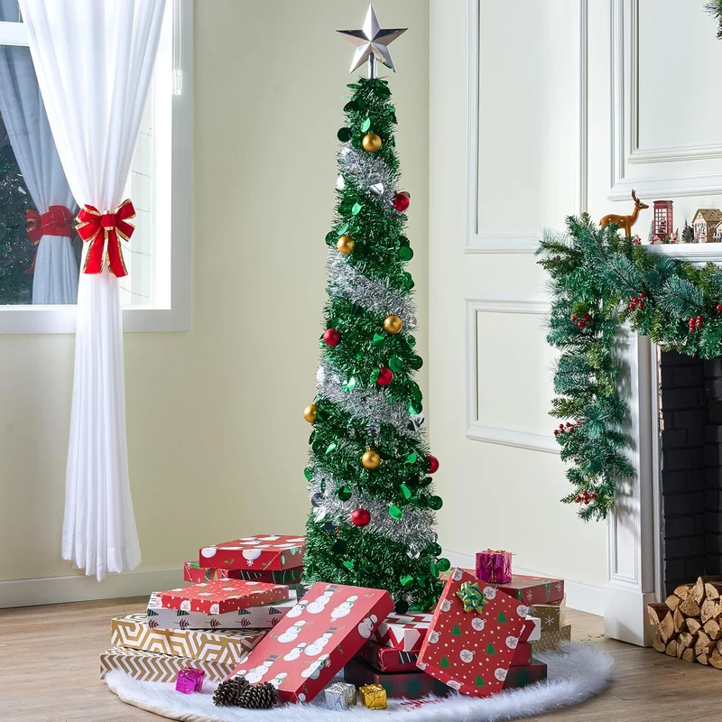 5 FT Pop Up Christmas Green Tree w/ Lights, Collapsible Tinsel Decorations 50 Multicolor LED Lights and Ball Ornaments