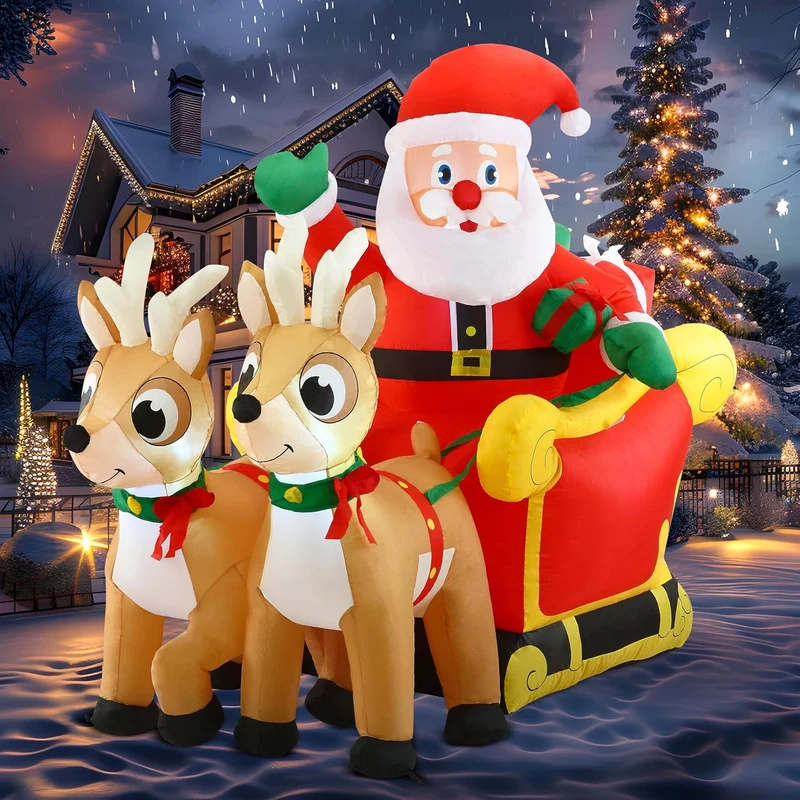 6 FT Long Christmas Inflatable Santa on Sleigh w/ 2 Reindeer Build-in LED Decorations
