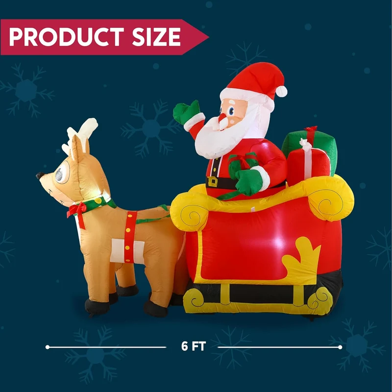 6 FT Long Christmas Inflatable Santa on Sleigh w/ 2 Reindeer Build-in LED Decorations