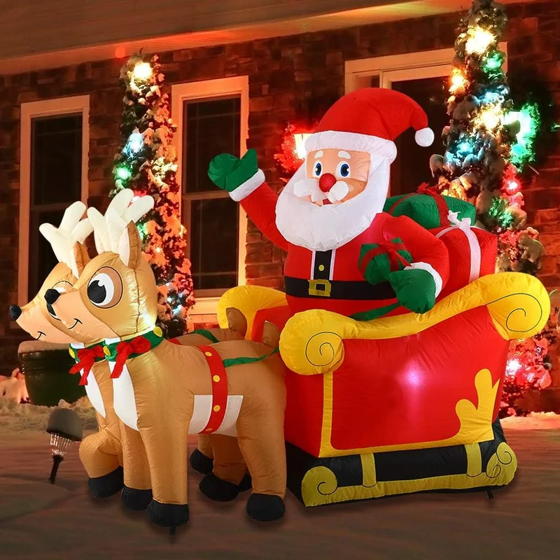 6 FT Long Christmas Inflatable Santa on Sleigh w/ 2 Reindeer Build-in LED Decorations