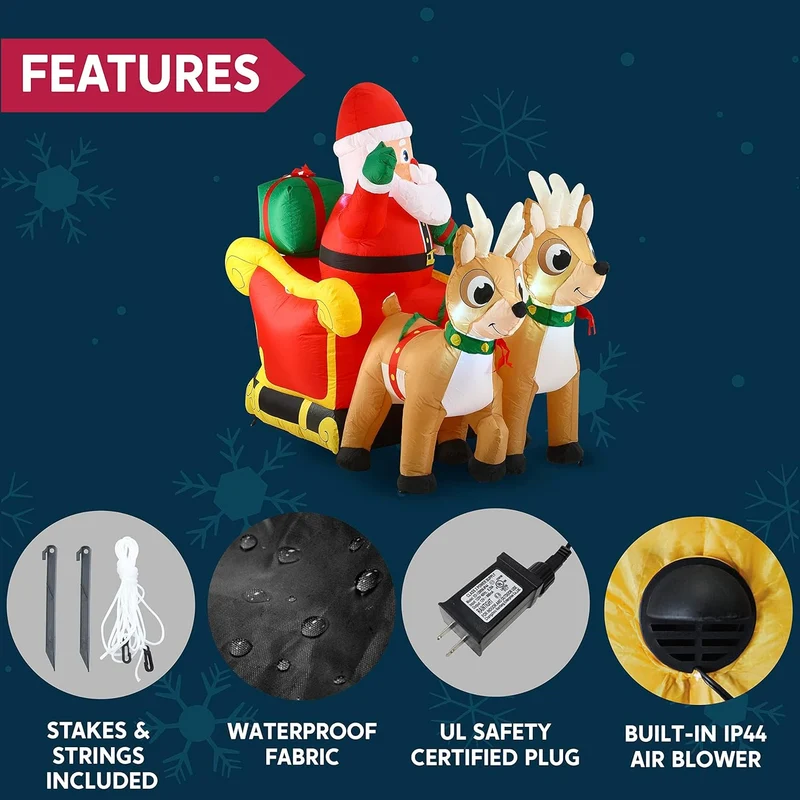 6 FT Long Christmas Inflatable Santa on Sleigh w/ 2 Reindeer Build-in LED Decorations