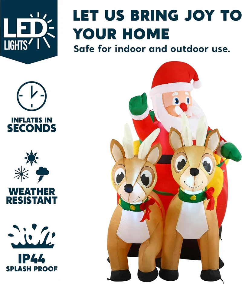 6 FT Long Christmas Inflatable Santa on Sleigh w/ 2 Reindeer Build-in LED Decorations