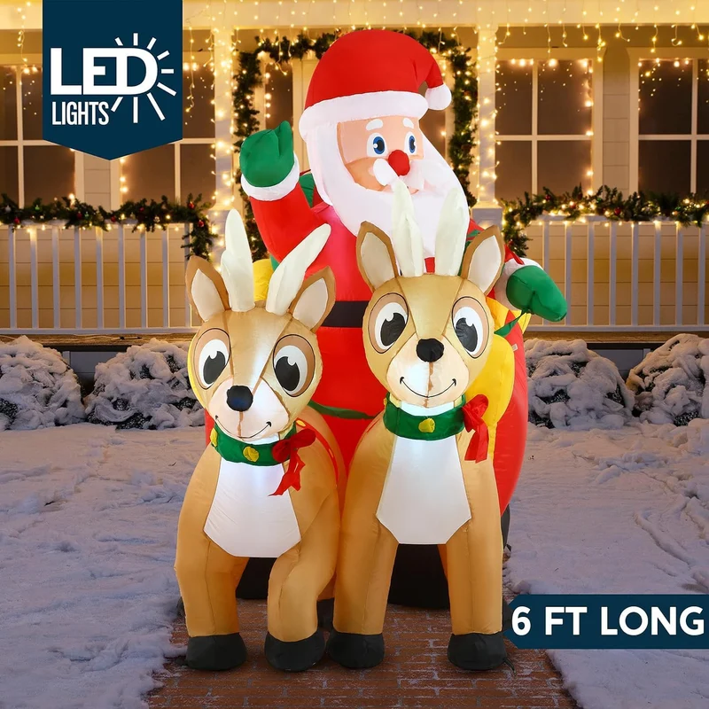 6 FT Long Christmas Inflatable Santa on Sleigh w/ 2 Reindeer Build-in LED Decorations