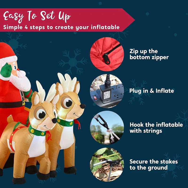 6 FT Long Christmas Inflatable Santa on Sleigh w/ 2 Reindeer Build-in LED Decorations